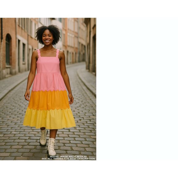 NWT Tiered Midi Dress L Pockets Color Block Resort Cruise English Factory Cotton - Picture 1 of 12